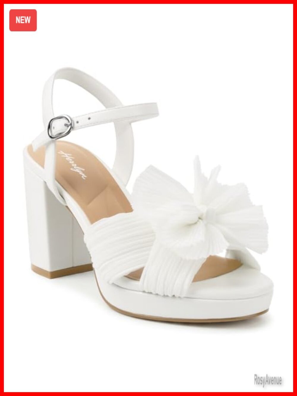 Block Heel Ankle Strap Sandals with Pleated Bow Detail